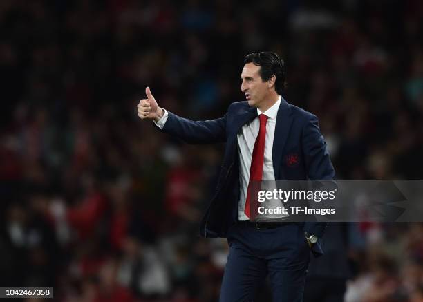 Head coach Unai Emery of Arsenal gestures during the UEFA Europa League Group E match between Arsenal and Vorskla Poltava at Emirates Stadium on...