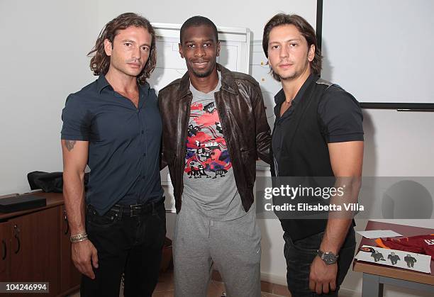 Manuele Malenotti, Juan Silveira Dos Santos and Michele Malenotti attend the Belstaff Official Meeting with AS Roma football team at the AS Roma...