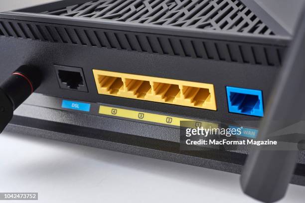 Detail of the ethernet ports on an Asus DSL-AC88U router, taken on November 30, 2017.
