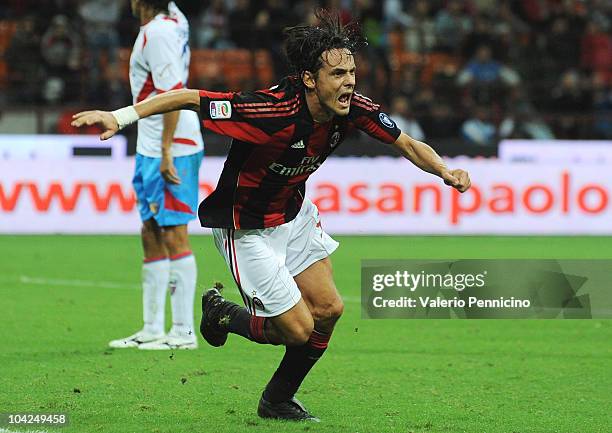 Filippo Inzaghi of AC Milan celebrates his goal during the Serie A match between AC Milan and Catania Calcio at Stadio Giuseppe Meazza on September...