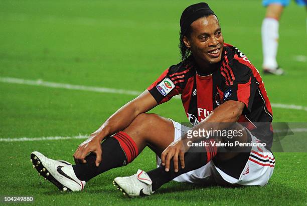 Ronaldinho of AC Milan smiles during the Serie A match between AC Milan and Catania Calcio at Stadio Giuseppe Meazza on September 18, 2010 in Milan,...