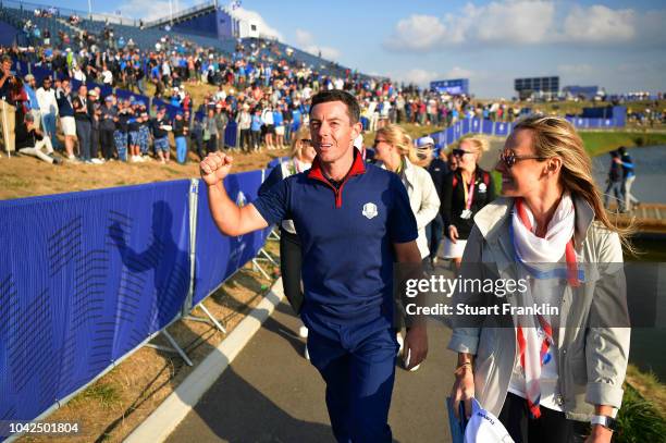 Rory McIlroy of Europe celebrates during the afternoon foursome matches of the 2018 Ryder Cup at Le Golf National on September 28, 2018 in Paris,...