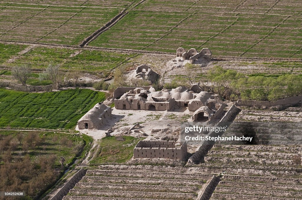 Aerial view of mud hut compound in Afghanistan.