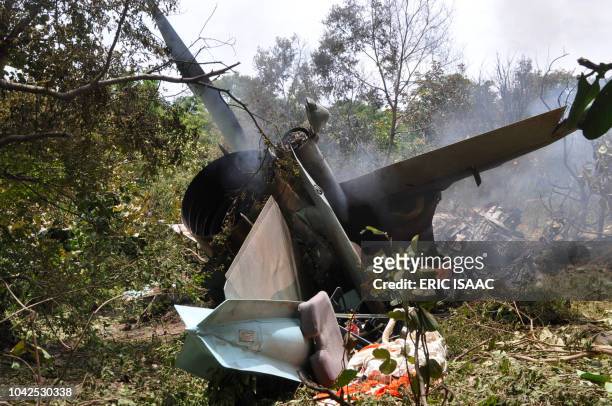 Picture shows the wreckage of one of the two Nigerian Air Force fighter jets that crashed during a rehearsals ahead of the nation's independence...