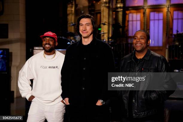 Adam Driver" Episode 1747 -- Pictured: Musical Guest Kanye West, Host Adam Driver, Kenan Thompson in Studio 8H during a promo --