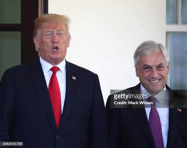 President Donald Trump welcomes President of the Republic of Chile, Sebastian Pinera, at the West Wing of the White House on September 28, 2018 in...