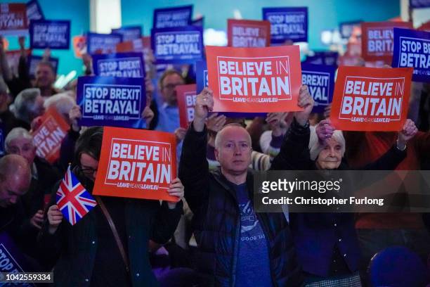 Supporters attend a Leave Means Leave rally held at the University of Bolton Stadium on September 22, 2018 in Bolton, England. The Bolton rally is...