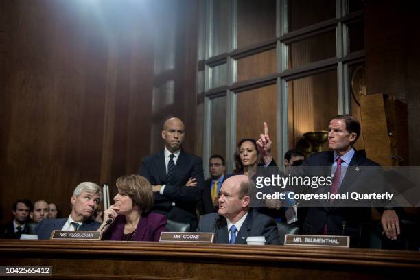 Democratic Senators wait to vote during the Senate Judiciary Committee meeting about the Supreme Court nominee Brett Kavanaugh Friday Sept. 28, 2018.