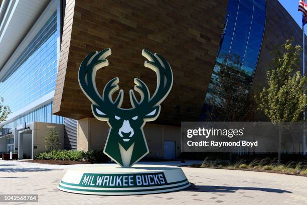 Milwaukee Bucks logo sits outside Fiserv Forum, home of the Milwaukee Bucks basketball team and Marquette University Golden Eagles Men's basketball...