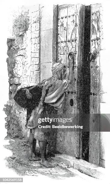 water carrier using door knocker on big door illustration 1895 'the earth and her people' - door knocker stock illustrations