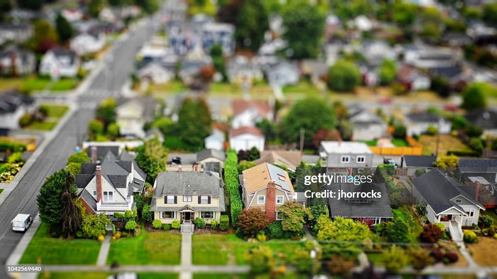 American Suburban Neighborhood Tilt-shift Aerial Photo