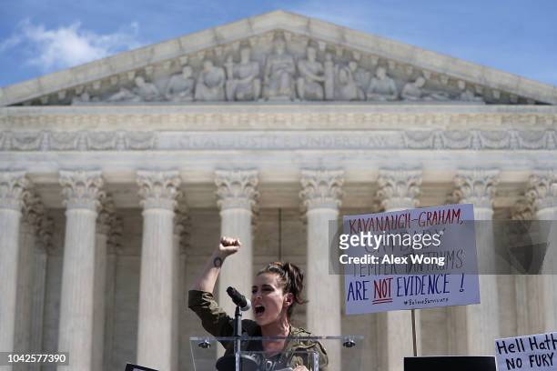 Actress Alyssa Milano speaks during a rally in front of the U.S. Supreme Court September 28, 2018 in Washington, DC. Activists staged a rally to call...