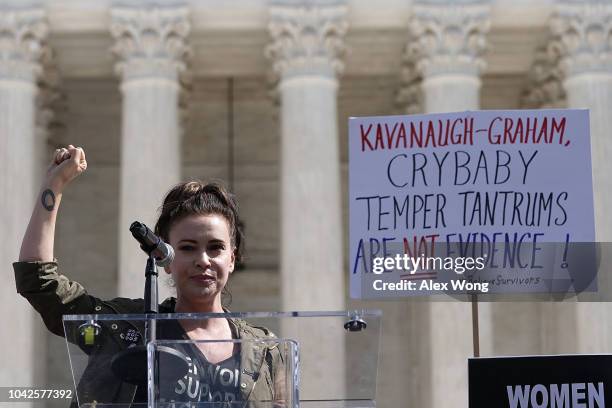 Actress Alyssa Milano speaks during a rally in front of the U.S. Supreme Court September 28, 2018 in Washington, DC. Activists staged a rally to call...