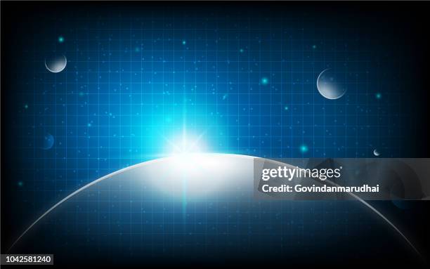 ilustrações de stock, clip art, desenhos animados e ícones de globe edge sunrise background and planet earth - estratosfera