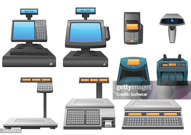 ilustrações, clipart, desenhos animados e ícones de conjunto de ícones de equipamento de varejo detalhados - cash register