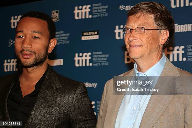 John Legend and Bill Gates attends the "Waiting For Superman" press conference during the 2010 Toronto International Film Festival at the Hyatt...