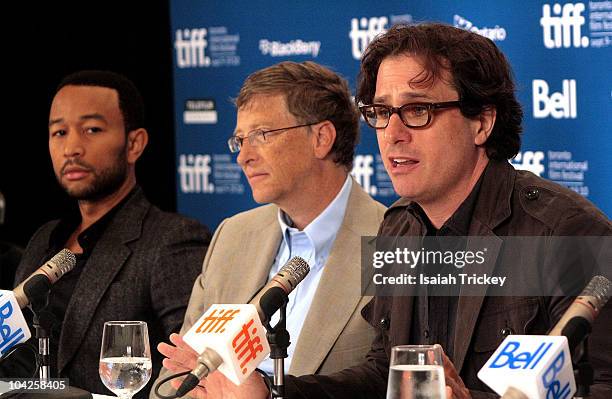 John Legend, Bill Gates and Davis Guggenheim attend the "Waiting For Superman" press conference during the 2010 Toronto International Film Festival...