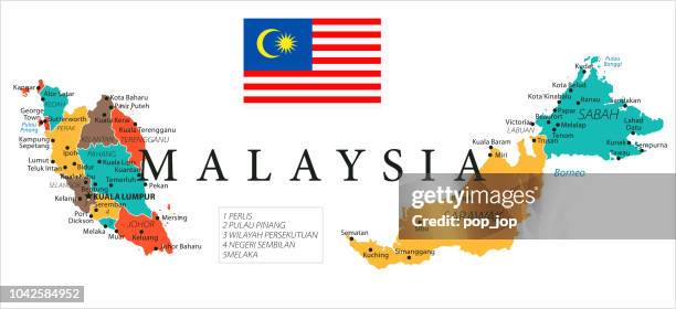 ilustrações de stock, clip art, desenhos animados e ícones de map of malaysia - vector - bandeira-da-malásia