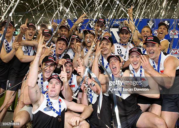 North Ballarat players celebrate wiining the premiership after the VFL Grand Final match between North Ballarat and the Northern Bullants at Etihad...