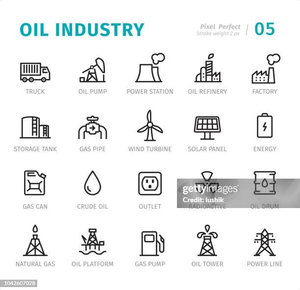 oil industry - pixel perfect line icons with captions - oil pipeline truck stock illustrations