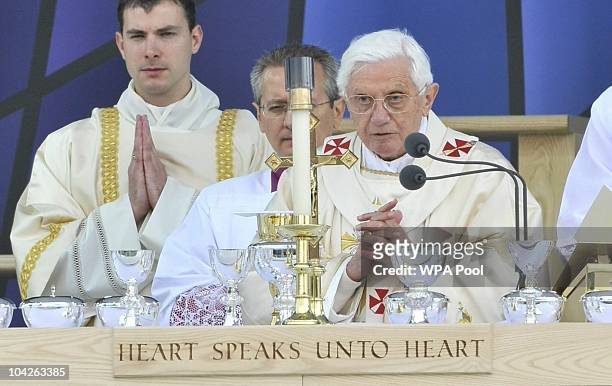 Pope Benedict XVI leads the beatification mass of Cardinal Newman at Cofton Park on September 19, 2010 in Birmingham, England. On the last day of...