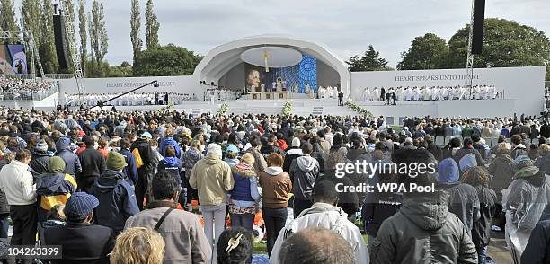 Pope Benedict XVI leads the beatification mass of Cardinal Newman at Cofton Park on September 19, 2010 in Birmingham, England. On the last day of...