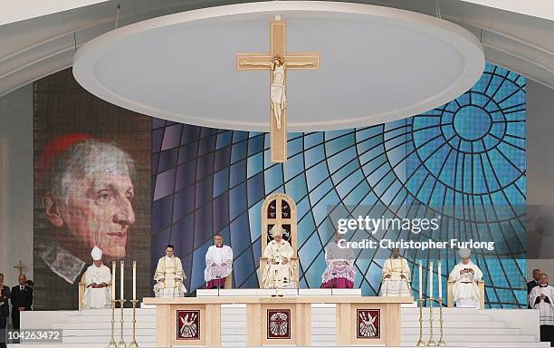 Pope Benedict XVI takes the beatification mass of Cardinal Newman at Cofton Park on September 19, 2010 in Birmingham, England. On the last day of...