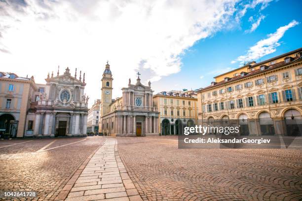 main view of san carlo square and twin churches, turin - italian courtyard stock pictures, royalty-free photos & images