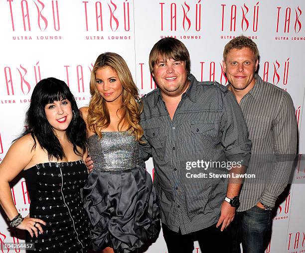 Cast members from 'The Hard Times of RJ Berger' Kara Taltz, Amber Lancaster, Jareb Dauplaise and Alex Solowitz arrive at Lancaster's birthday party...