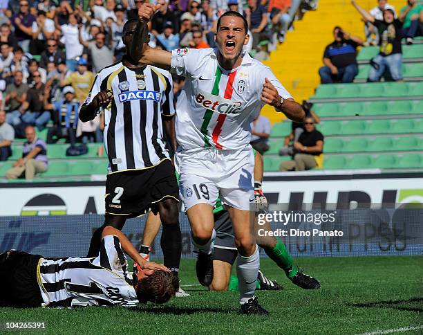 Leonardo Bonucci of Juventus celebrates after scoring his opening goal during the Serie A match between Udinese and Juventus at Stadio Friuli on...