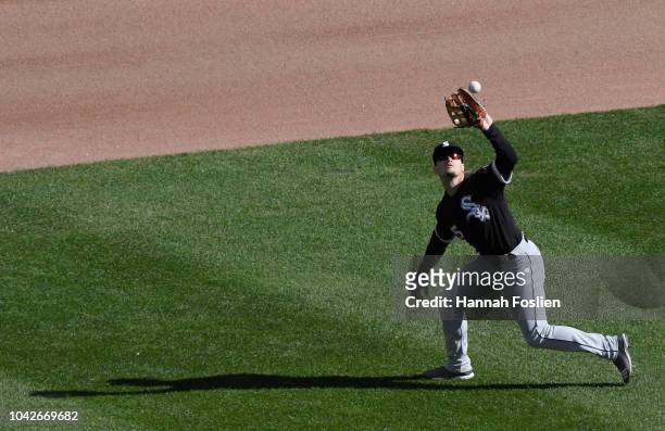 Adam Engel of the Chicago White Sox catches the ball hit by Ehire Adrianza of the Minnesota Twins in center field during the sixth inning in game one...