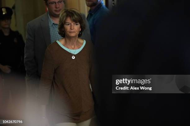 Sen. Lisa Murkowski leaves after a meeting in the office of Senate Majority Leader Sen. Mitch McConnell September 28, 2018 at the U.S. Capitol in...