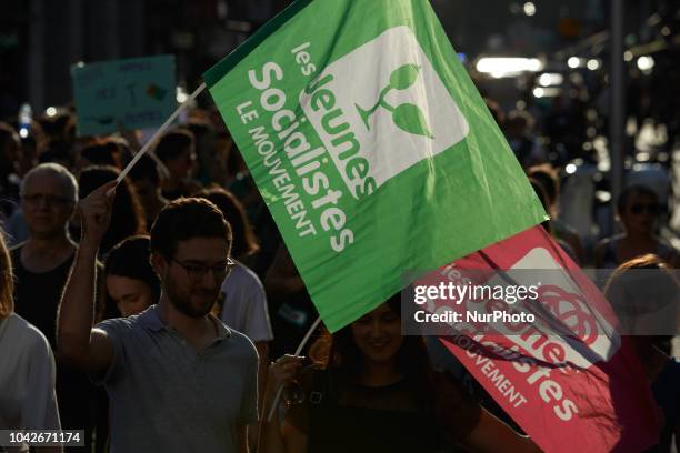 Flags of the Young socialists movement. Women and men took to the streets of Toulouse for the International Safe Abortion Day. They demonstrated for...