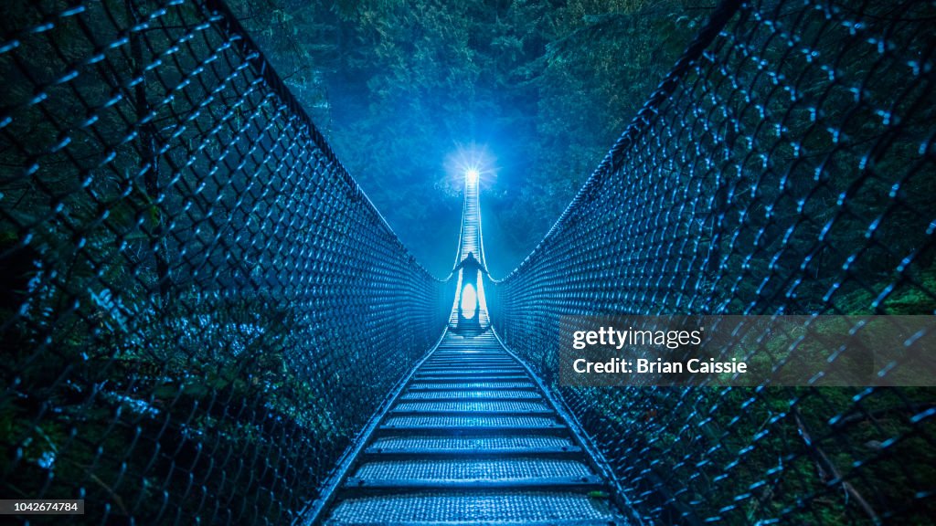 Mysterious silhouetted person on suspension bridge in woods at night