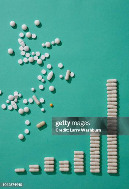 pills scattered above capsules forming ascending bar graph on green backgrounds - dose 個照片及圖片檔