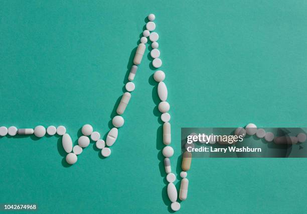 pills forming pulse trace on green background - prescription drugs dangers stock pictures, royalty-free photos & images