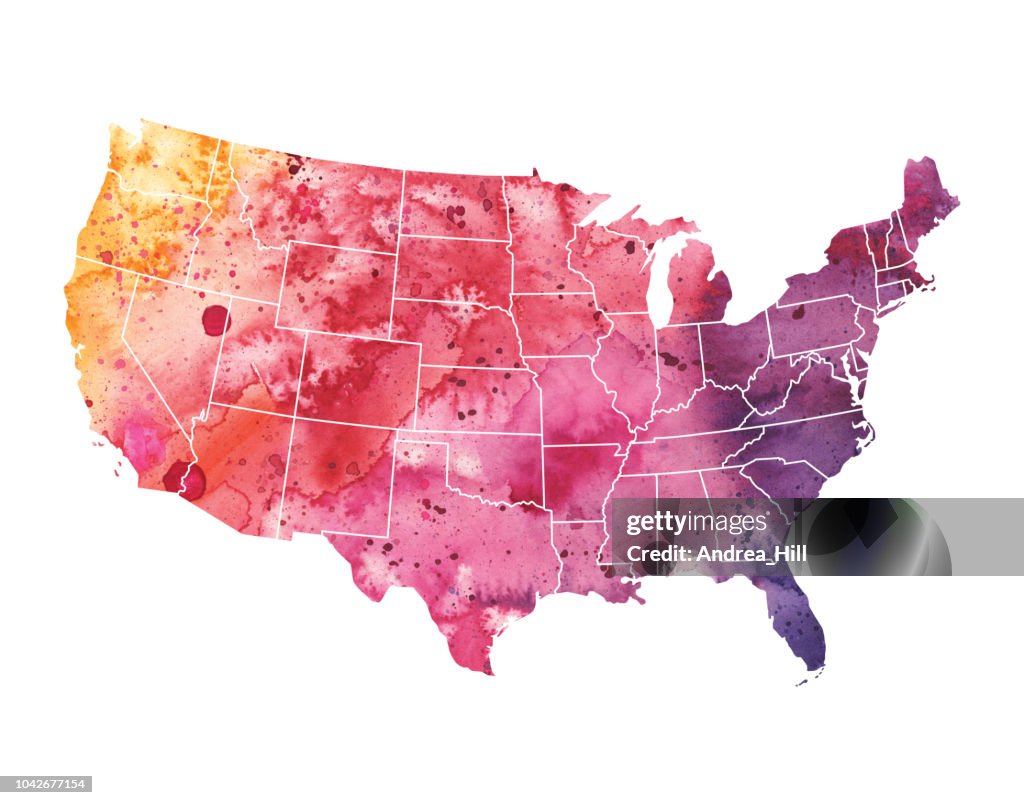 Us Raster Map United States With State Borders Watercolor Raster Map Illustration ...