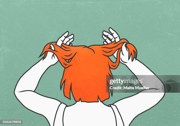 redhead woman with hands in hair on green background - hair back bildbanksfoton och bilder