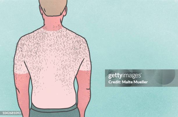 sunburned man with hairy back on blue background - hairy back man - fotografias e filmes do acervo