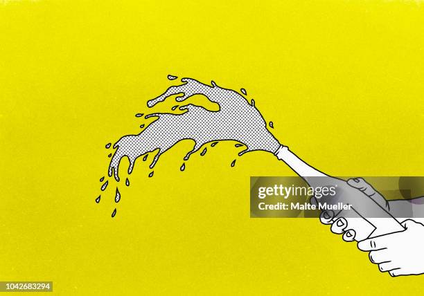 exploding champagne on yellow background - exploding drink stock pictures, royalty-free photos & images