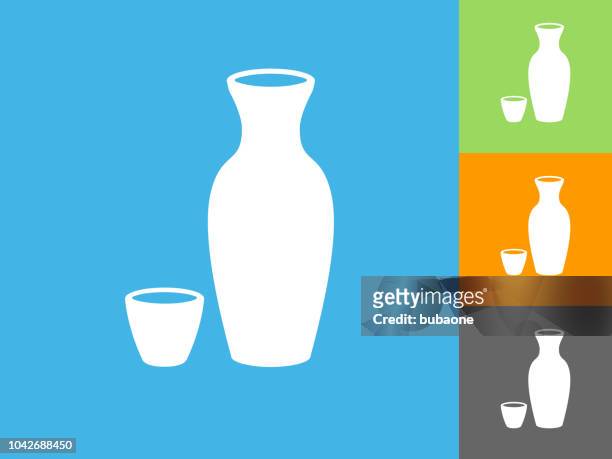 ilustrações, clipart, desenhos animados e ícones de saquê bebida ícone plana sobre fundo azul - saquê