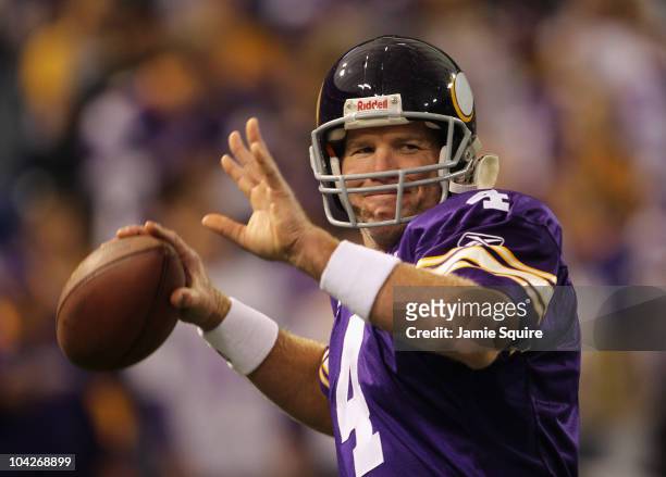 Quarterback Brett Favre of the Minnesota Vikings warms up prior to the start of the game against the Miami Dolphins on September 19, 2010 at Hubert...