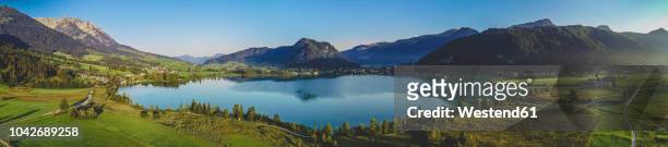 austria, tyrol, kaiserwinkl, aerial view of lake walchsee, panorama - panoramic view stock pictures, royalty-free photos & images