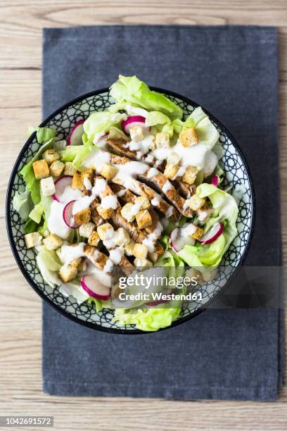 bowl of caesar salad with meat and red radish - ceasarsallad bildbanksfoton och bilder