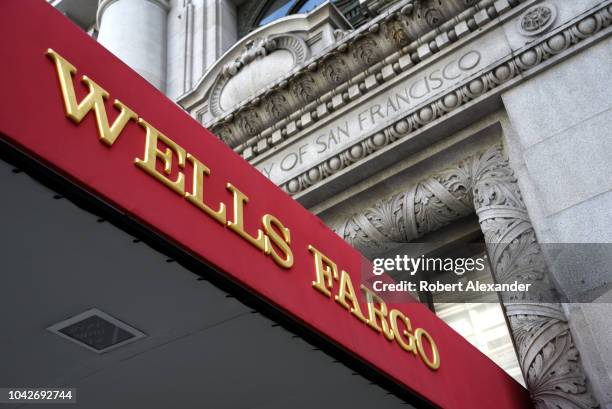 The entrance to a Wells Fargo Bank in San Francisco, California, located in the historic 1910 Union Trust Company building on Market Street.