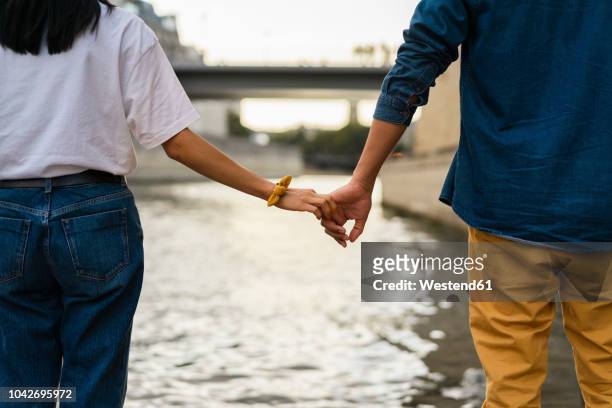 france, paris, couple holding hands at river seine - darsi la mano foto e immagini stock