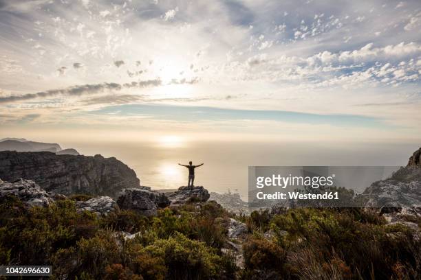 south africa, cape town, table mountain, man standing on a rock at sunset - table mountain south africa fotografías e imágenes de stock
