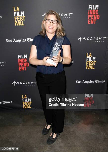 Photographer and filmmaker Lauren Greenfield receives an award at the 2018 LA Film Festival Awards Reception on September 28, 2018 in Los Angeles,...