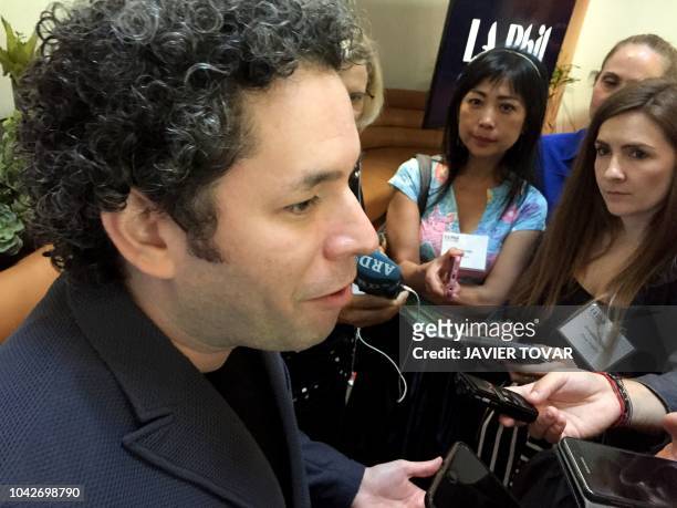 Venezuelan conductor and music director of the Los Angeles Philharmonic Gustavo Dudamel gives a press conference for the 100th anniversary of the...