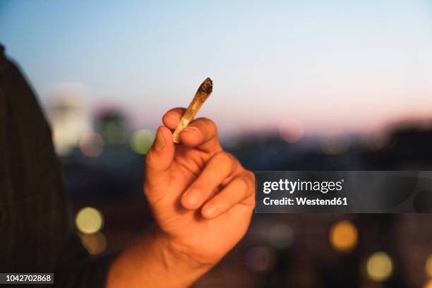 young man smoking a joint - hashish stockfoto's en -beelden